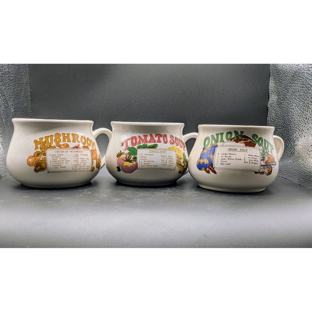 Vintage Soup Mugs with Recipes Mushroom, Tomato, Onion, Set of 3